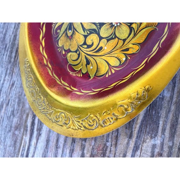 Vintage small Toleware Floral Tidbit relish tray Red Gold - Picture 7 of 11